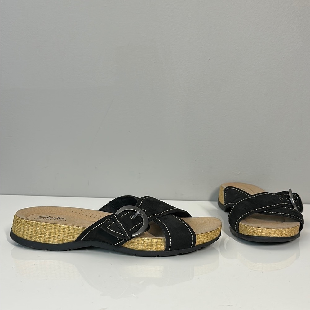 Clarks Reileigh May Sandals Women’s Black Nubuck Slide Slip On Shoes Size 10